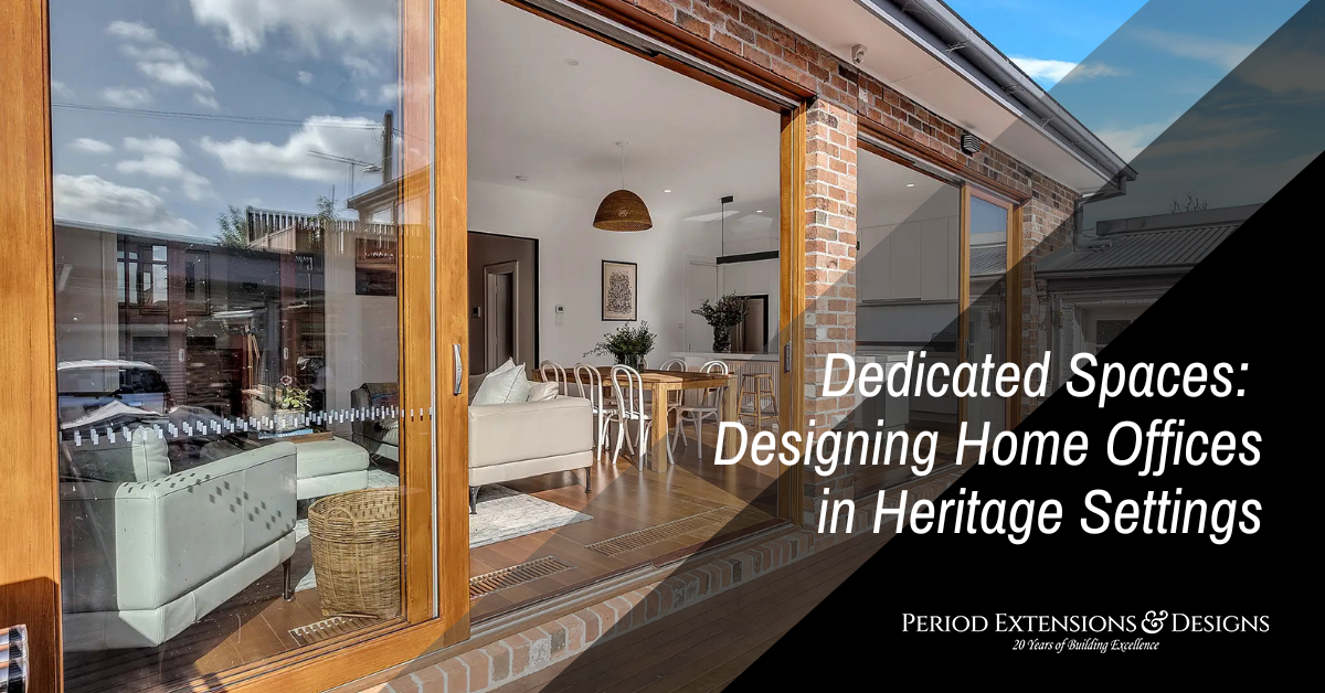 Modern home office in heritage room with timber floors and decorative period features.